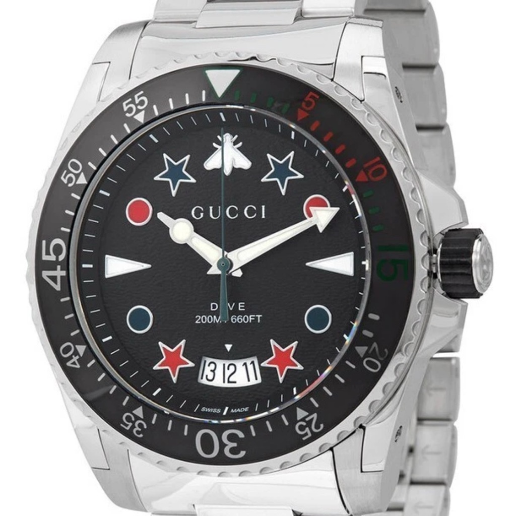 Gucci Stainless Steel Dive Watch With Black Dial And Red  Blue Accents